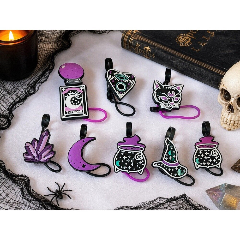 8pc Halloween Straw Toppers Witch Cat Moon Crystal Cauldron Cup Charms Set